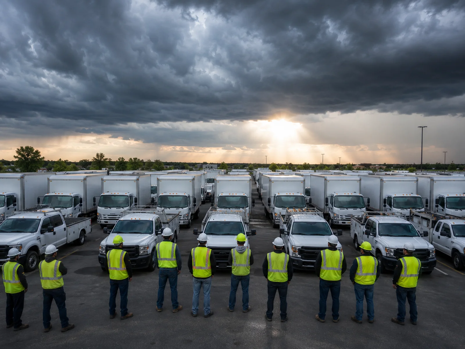 A fleet of white work trucks staged in rows with a crew in high-visibility vests and hard hats standing ready, under breaking storm clouds.