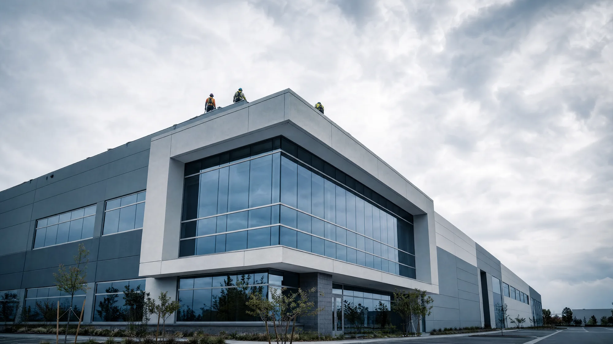 A large modern commercial building with a flat roof and a crew working along the roofline