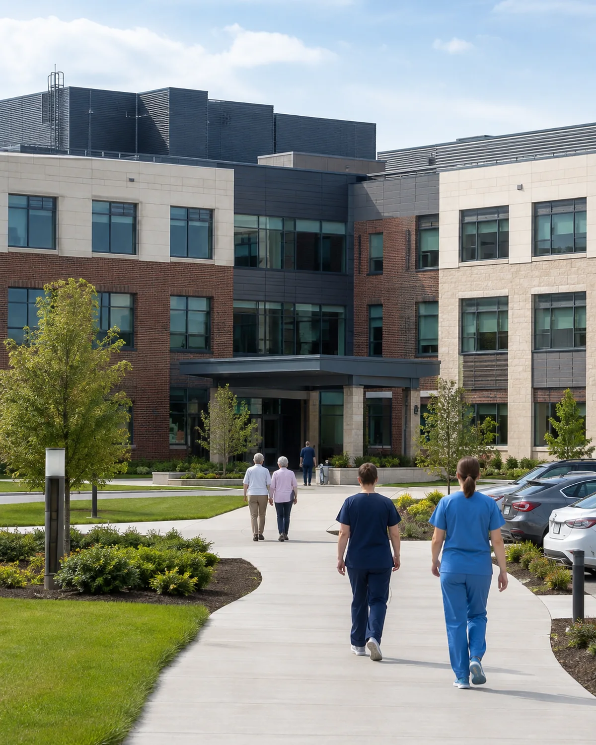 Nurses in scrubs and two residents walking along a landscaped path toward the entrance of a modern three-storey senior living and medical building.