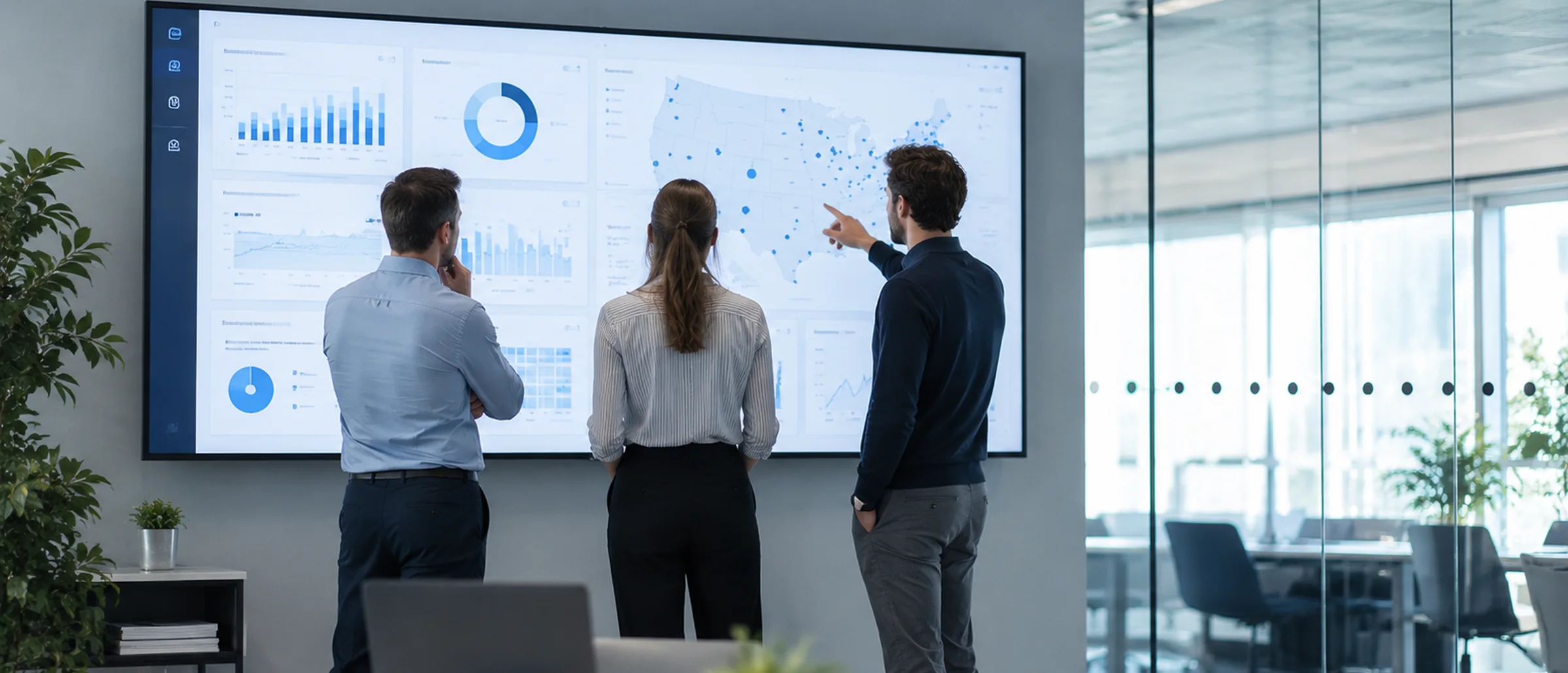 Three colleagues standing at a large wall display in a modern office, reviewing a national portfolio dashboard with charts and a map of the United States.
