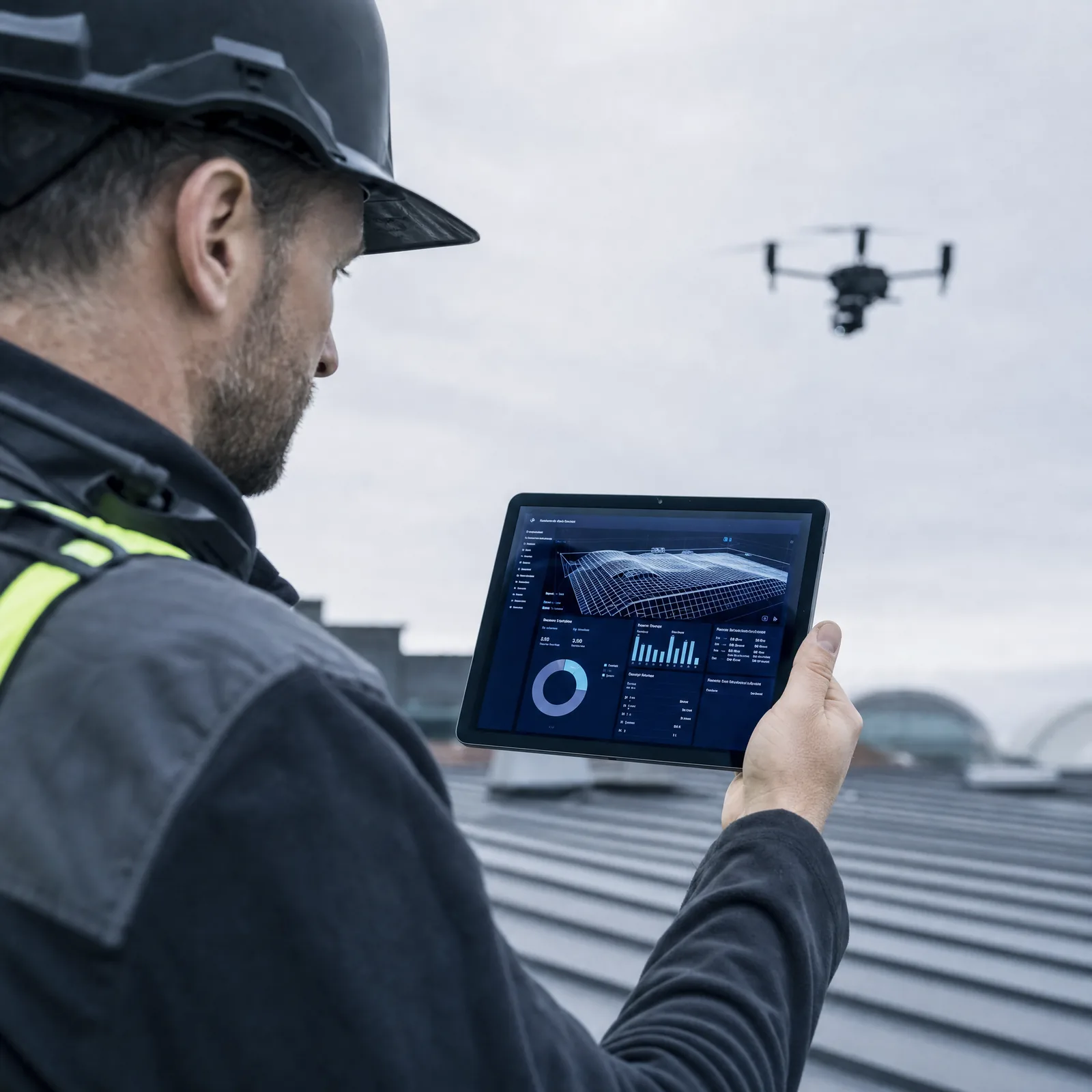 A Roofix technician documenting a roof on a tablet while a survey drone captures it overhead