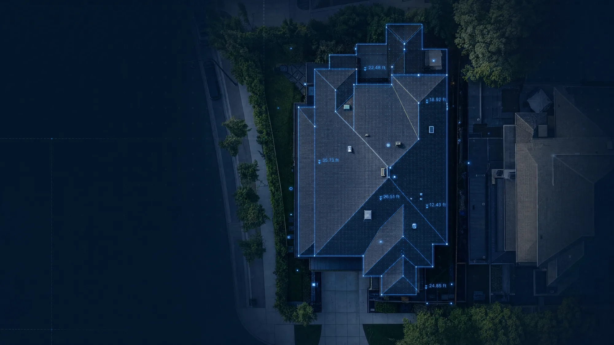 A residential roof captured from above as a digital twin, its planes measured and labeled