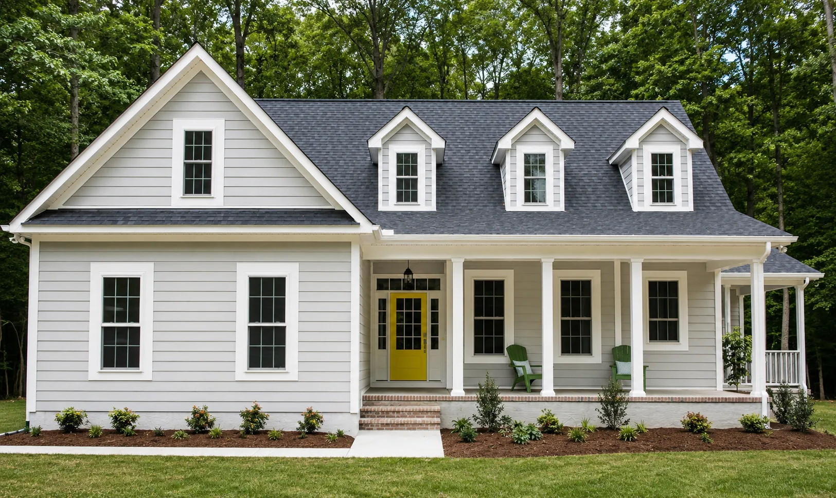 A charming suburban home with a crisp new dark shingle roof, dormers, and a front porch