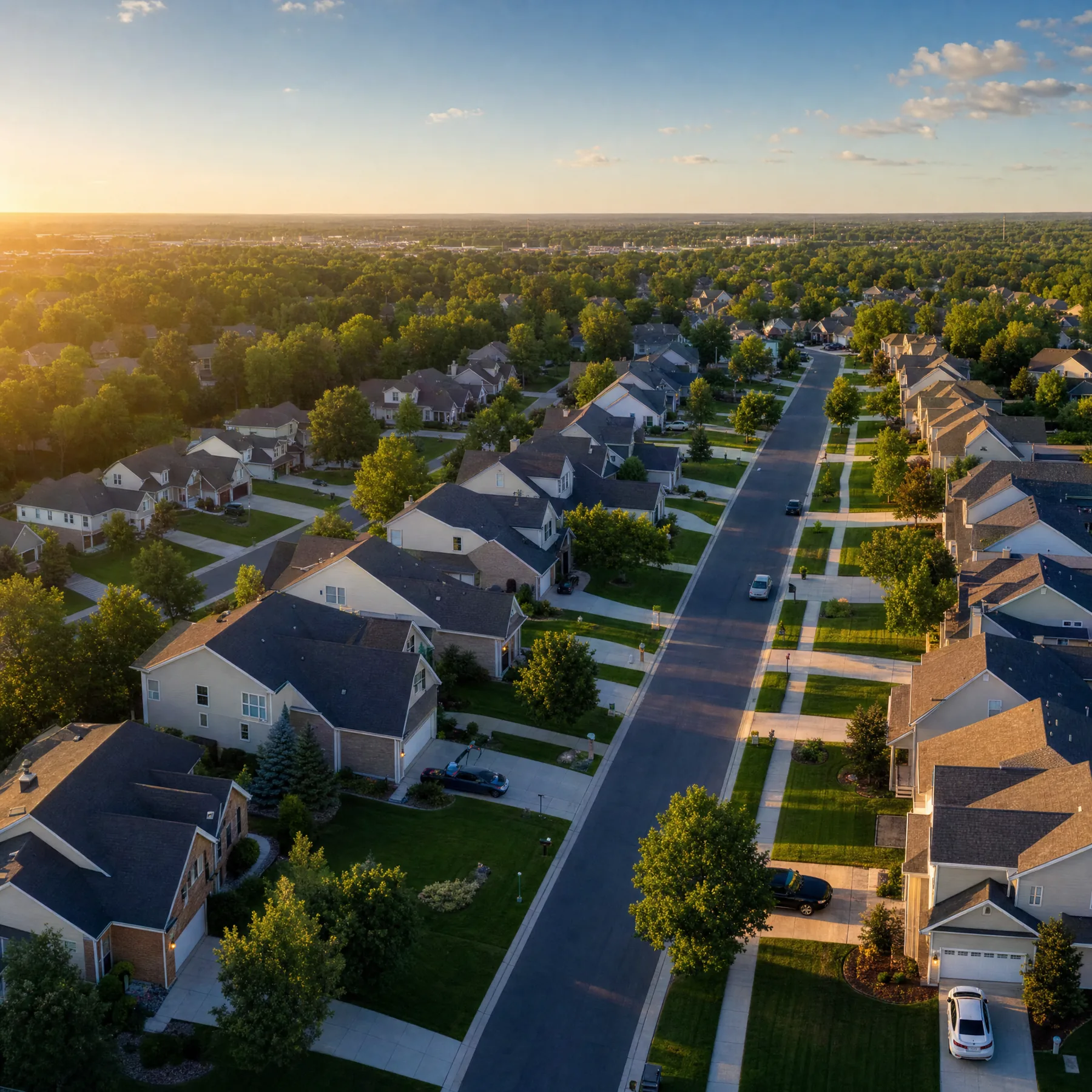 Golden-hour aerial over a suburban neighborhood of homes with clean new roofs