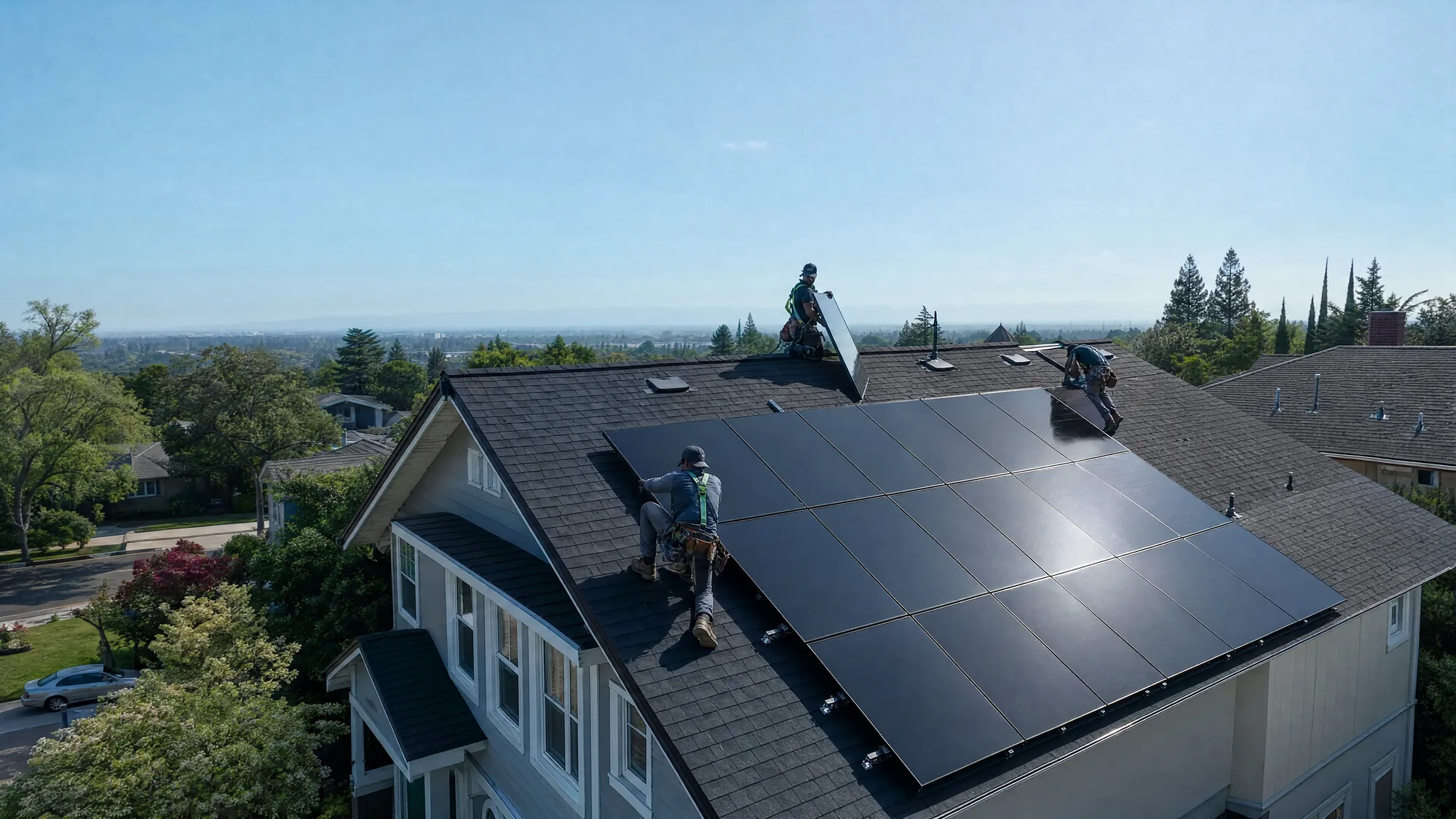 Aerial view of a crew installing black solar panels on a freshly re-roofed home